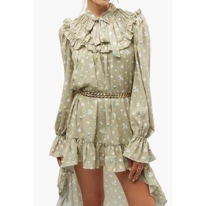 NWT WeWoreWhat Polka Dot Floral Tie Neck Long Sleeve High Low Dress Ruffles